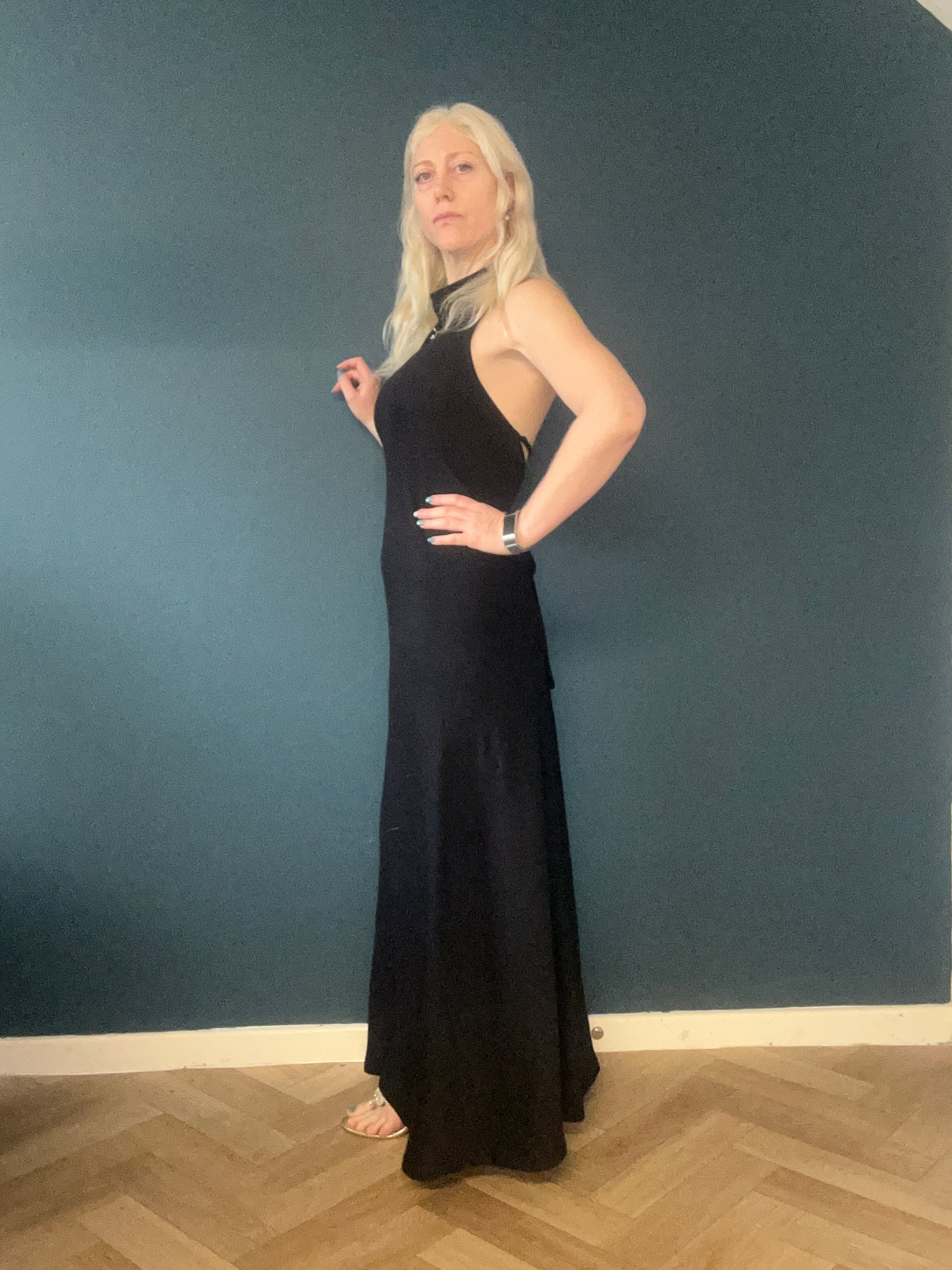 backless, black, halter neck, long, tieback, lace-up dress. 