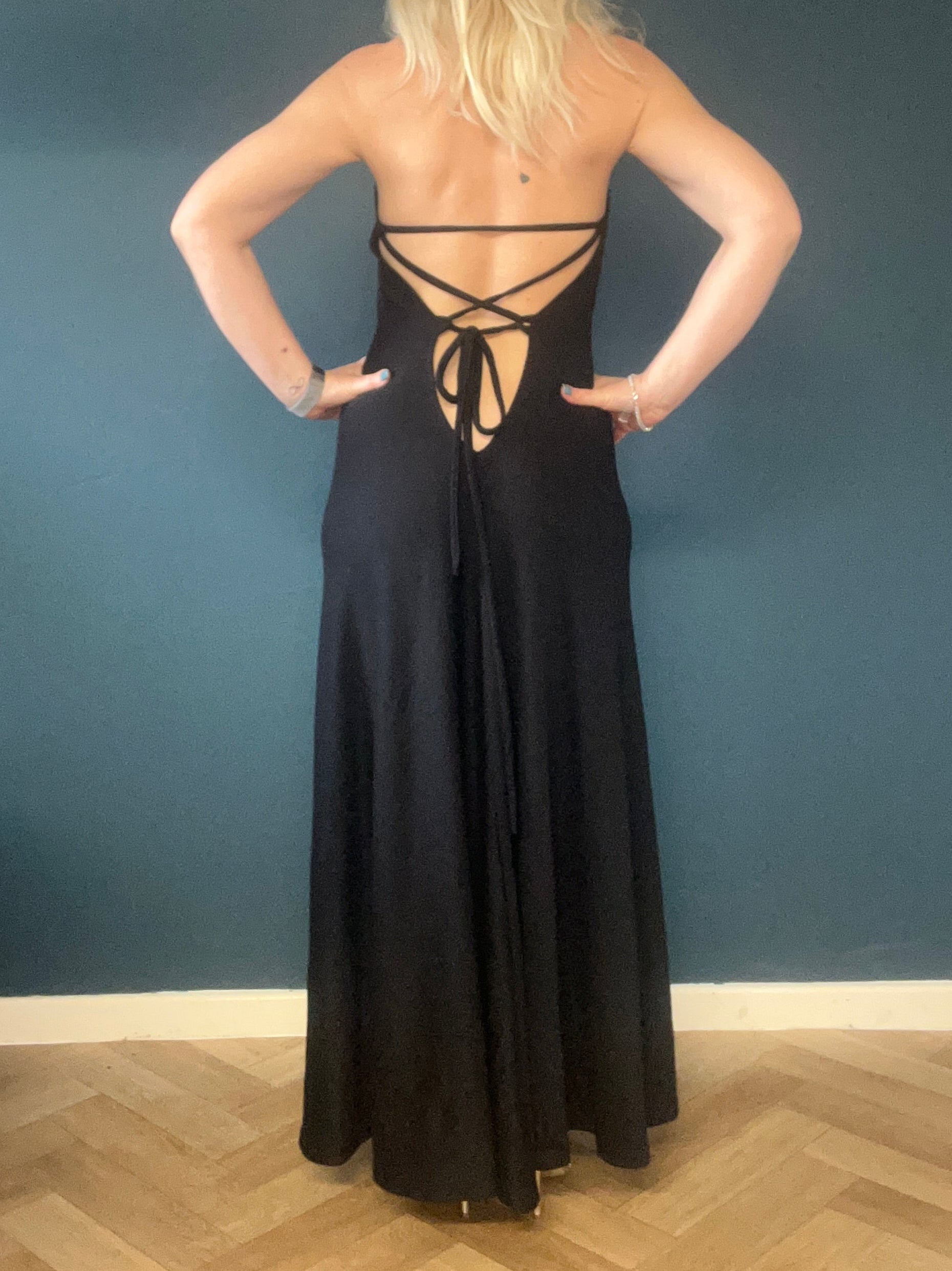backless, black, halter neck, long, tieback, lace-up dress. 