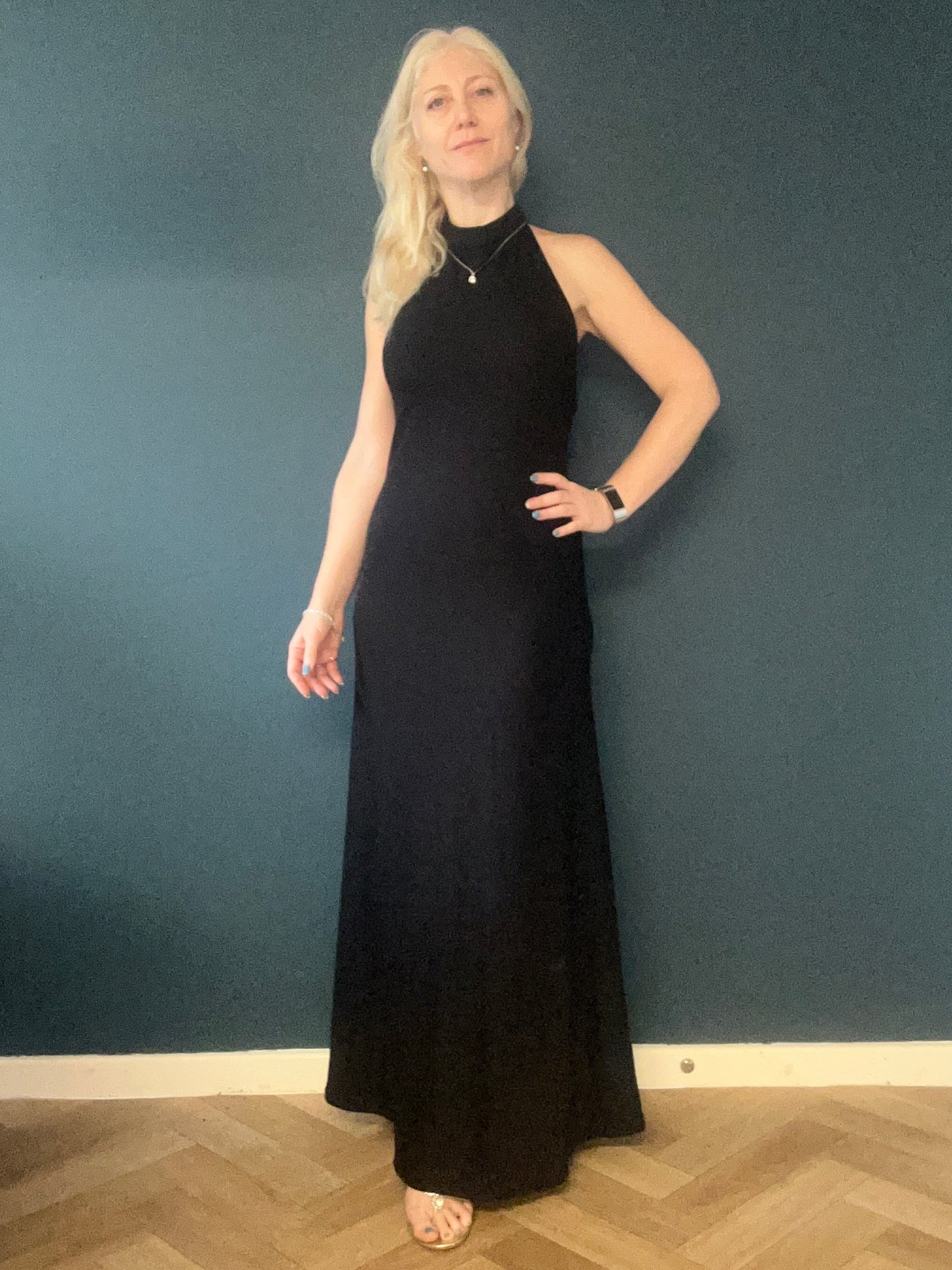 backless, black, halter neck, long, tieback, lace-up dress. 